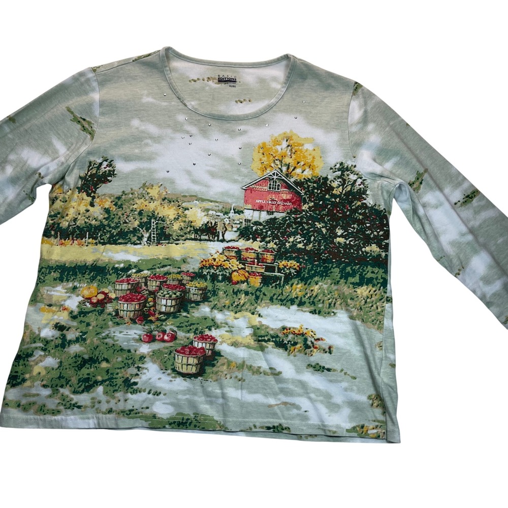 Basic Editions Tee Women XL Green Harvest Barn Apple Cottagecore Fall Grandma